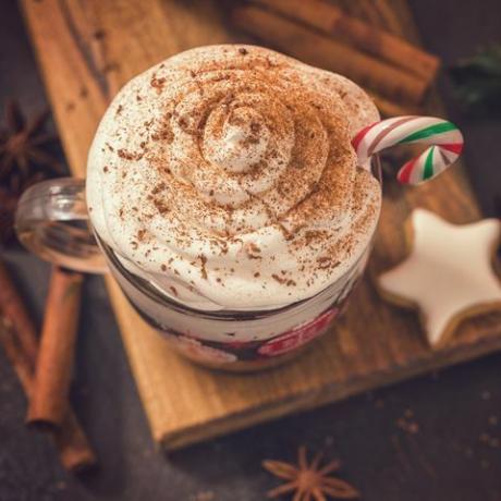 sıcacık bir Noel atmosferinde krem ​​şanti ve şeker kamışı ile bir fincan sıcak çikolata