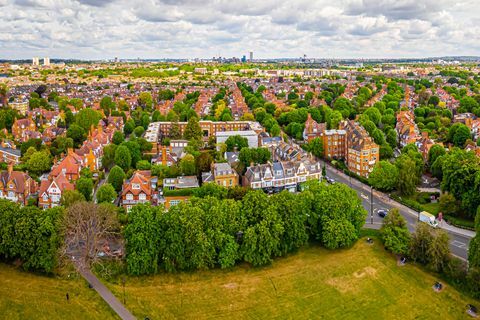 evlerin havadan görünümü, Turnham Green, Londra, İngiltere