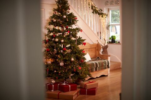 Noel ağacı ve açık kapıdan izlenen hediyeler ile dekore edilmiş ev koridor