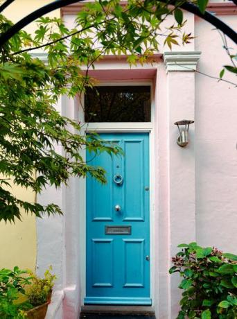 ön kapı boyası, Notting Hill bölgesindeki teraslı konut evlerinin dış mimarisi, Londra, İngiltere'nin zengin bir bölgesi