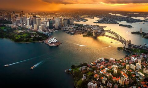 Cityscape alacakaranlıkta, Sydney, Avustralya