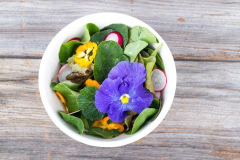 turp çiçek ve nasturtium yaprakları ile taze karışık salata