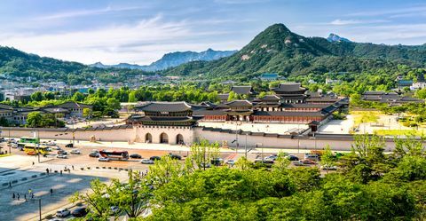 Gyeongbokgung Sarayı ve Blue House, Seul, Güney Kore panoramik