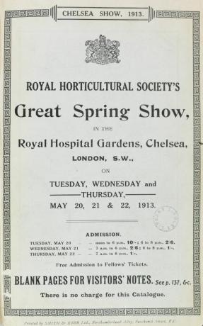 1913'teki ilk Chelsea Flower Show kataloğundan alınan başlık sayfası