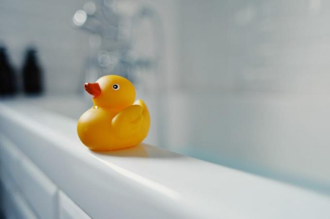 banyo kenarında sarı oyuncak lastik ördek