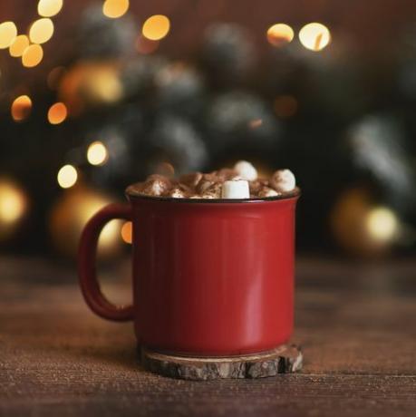 kış kremalı sıcak kahve şekerleme ile kırmızı bir kupa içinde kırsal natürmort Noel kartpostal