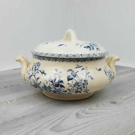 Muhteşem Antik Fransız 1900'lerin Başı Gien Porcelain Deep Blue Mai Transferware TureenSoupière