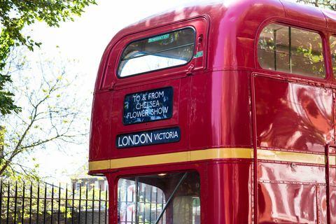 İnsanları Chelsea Flower Show, Londra, İngiltere'ye götüren Kırmızı Londra Otobüsü